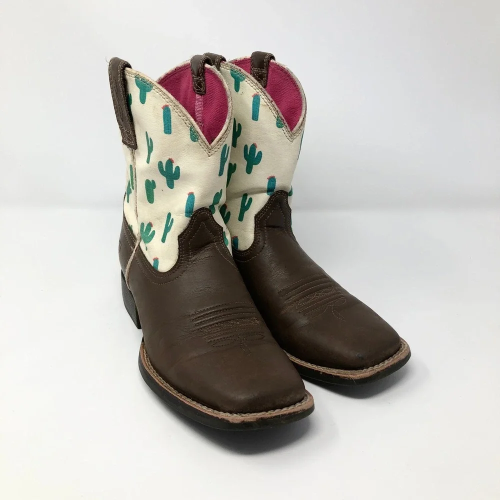 Ariat Youth Girls Size 3 Cactus Print Brown Leather Round Toe Western Boots
